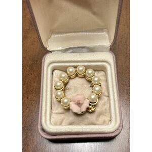 Vintage Gold-Tone Faux Pearl and Pink Rose Brooch Pin